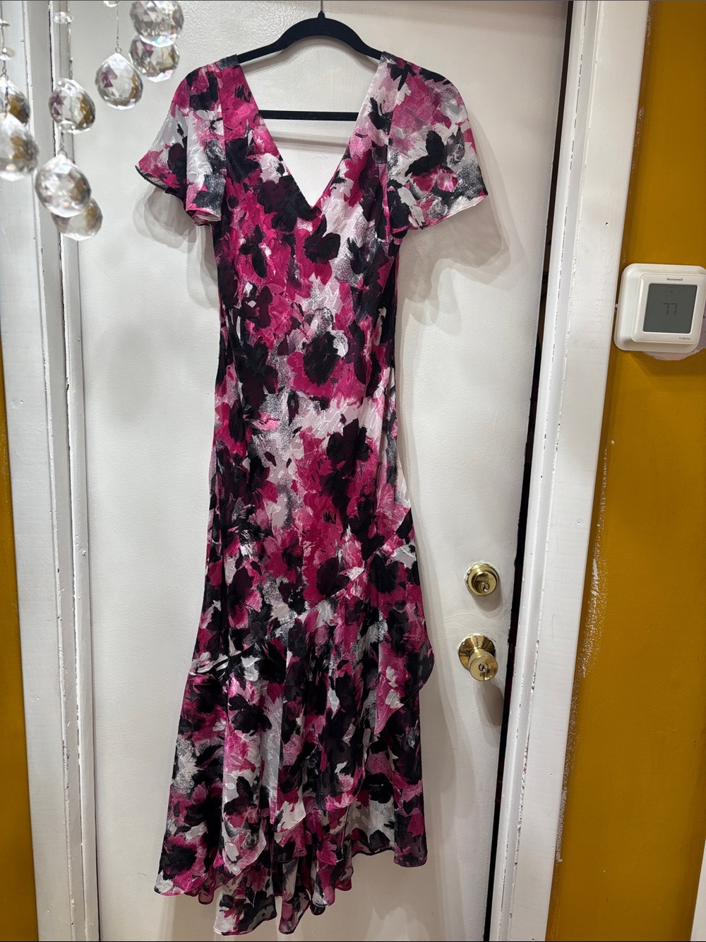 Alex Evenings Pink, Black and White Floral V-Neck Maxi Dress